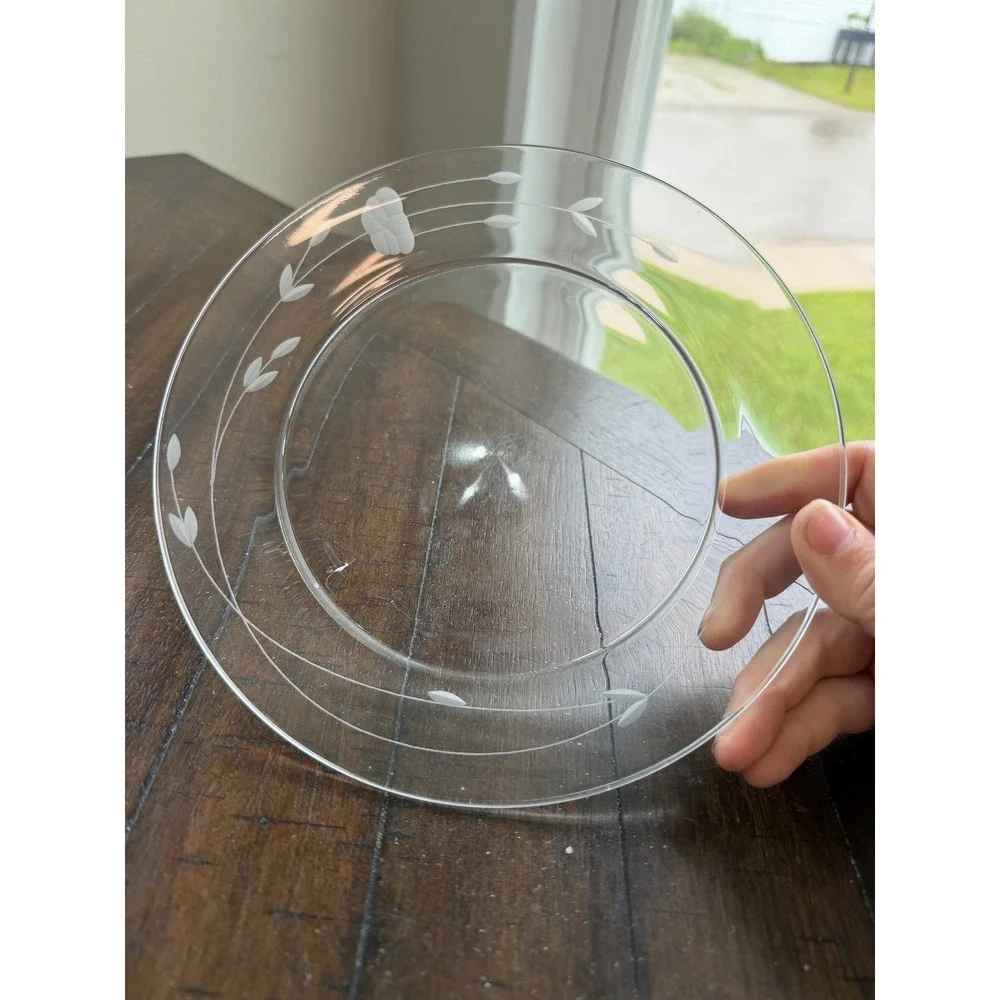 Prince House Frosted Floral Etched Clear Glass Salad Dessert Plates 8
